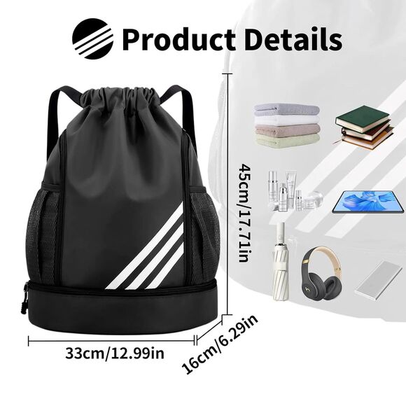 Large Water Resistant Sports Backpack Gym Drawstring Bag Backpack, Black, White - Picture 2 of 7